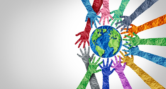 istockphoto-1278525359-170667a Global culture and world diversity or earth day and international cultures as a concept of diverse races and crowd cooperation symbol as hands holding together the planet earth.